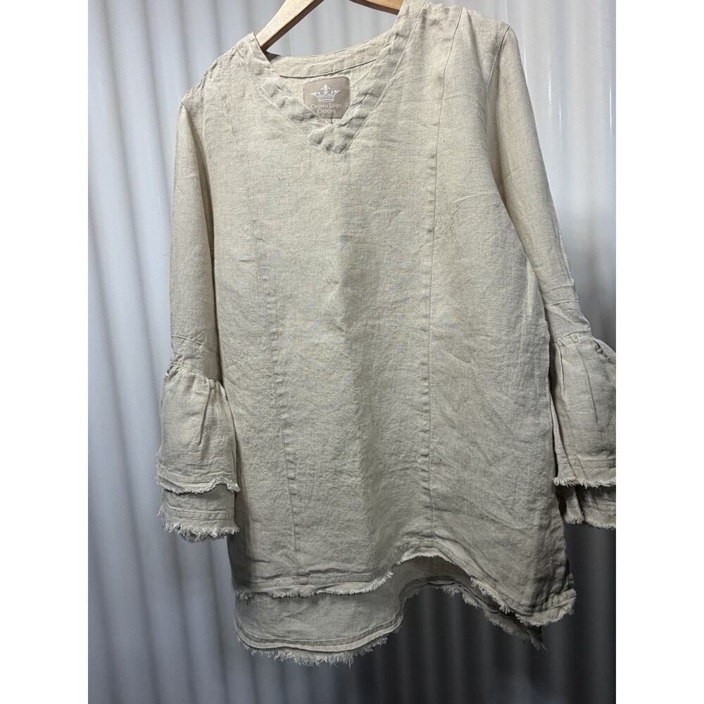 Crown Linen Designs Bella Bell Sleeve Top Large Flax Beige V-Neck Linen Tunic - Picture 10 of 12